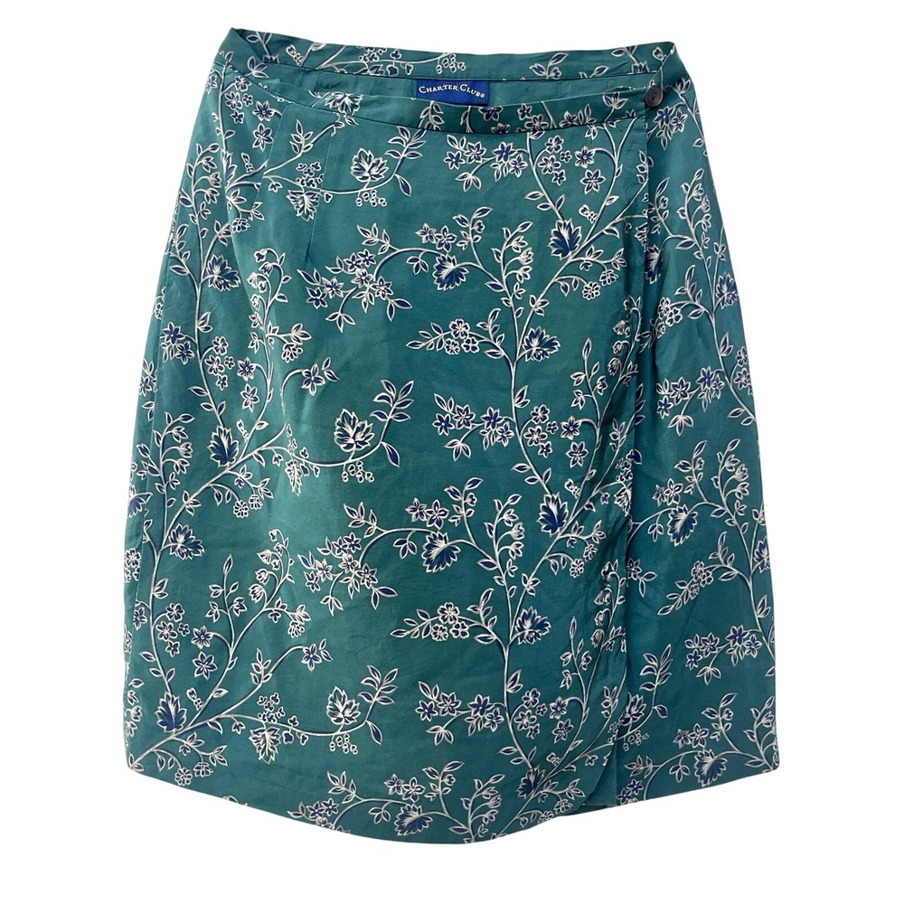 VTG‎ Silk Wrap Skirt Charter Club Teal Blue Floral Above Knee Cottage Core 10